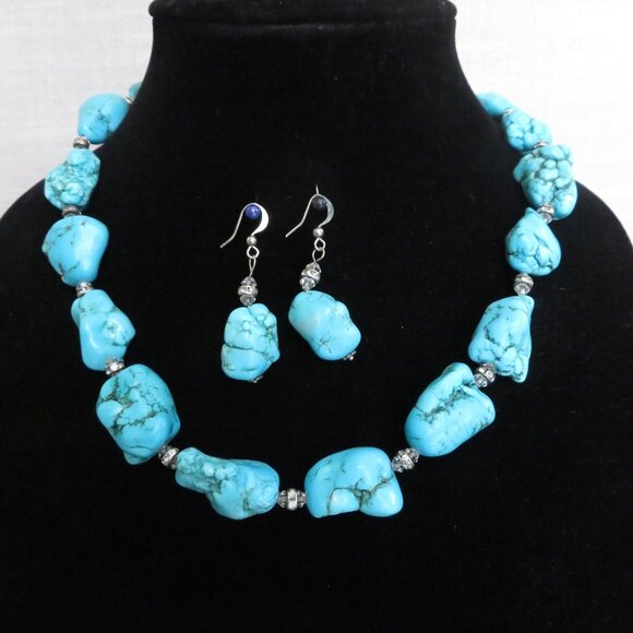 Vintage Turquoise Dyed Howlite Nugget Necklace Earring Set Silver Crystal Accent - Picture 11 of 16